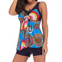 XINDEEK Women Plus Size Two Piece Swimsuits Slimming Tummy Control Swimdress Retro Skirt Swimming Suit(Blue, XL)
