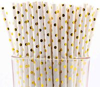 Pack of 300 Gold Polka Dot Foil Biodegradable 4-Ply Paper Drinking Straws (Compostable, Non-toxic, BPA-free)