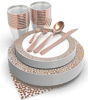 200 Piece Rose Disposable Plates Set, Includes : 50 Rose Gold Plastic Plates, 25 Rose Gold Plastic Silverware, 25 Rose Gold Cups, 25 Rose Gold Napkins - 25 Guest - Rose Gold Plastic Plates Set
