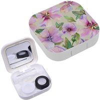 Portable Contact Lens Case Box Travel Kit Mirror + Bottle + Tweezers Container Holder [ Lavatera Flowers Green Leaves ]