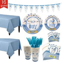 Baby Boy Shower Party Decorations Set, Gender Reveal Party Supplies Tableware Set, Banner, Tablecloth, Plates, Cups, Napkins, Knife, fork, spoon - 127Pcs Can serve 16 guests