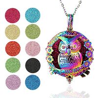 Soleebee Aromatherapy Essential Oil Diffuser Necklace Stainless Steel Locket Pendant Necklace 19.7'' Perfume Necklace with 10 Felt Pads (Colorful Owl)