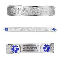 Divoti Custom Engraved Medical Alert Bracelets for Women, Stainless Steel Medical Bracelet, Medical ID Bracelet w/Free Engraving - Lovely Filigree Olive w/6" Cuff(fits 6.5-8.0")-Stainless/Light Blue