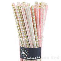 Biodegradable Paper Drinking Straws (Premium Quality), Pack of 100, Combo - Pink & Gold/Polka Dots & Diamonds