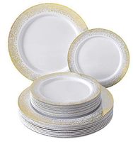 Elegant Plastic DINNERWARE 240 PC Set | 120 Dinner Plates | 120 Salad Plates | Heavy Duty Plastic Plates | Fine China Look | Ocean Mist Collection (Gold/White)