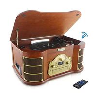 Bluetooth Compatible Classic Vintage Turntable - Retro Wood Record Player Speaker System w/ 3-Speed, CD, Cassette, Convert Vinyl to MP3, AUX, USB, AM FM Radio, Headphone Jack, Remote - Pyle PTCD54UB