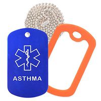 Asthma Medical Alert ID Necklace with Blue Tag, Orange Silencer, and 30'' USA Chain - 154 Color Choices