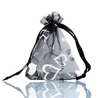 WSERE 50 Pieces Organza Gift Bags Drawstring Packing Bag Wedding Birthday Party Favors Jewelry Mesh Heart Shaped Yarn Bag 7 Colors, 3.6×2.8 inches(Black)