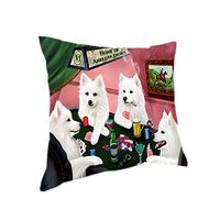 Home of 4 American Eskimos Dogs Playing Poker Pillow (14x14)
