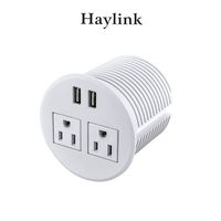Haylink Round Desktop Sockets 80MM Desk Hole Hidden Recessed Plugs Power 2 Power Ports 2 USB Charging Ports Power Grommet Home Kitchen Conference Office Hotel Desk Plastic 6.56ft Cord ETL Approved