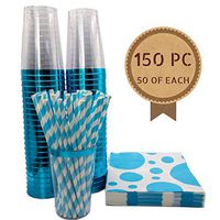 Blue Plastic Cups 12 oz + Blue Cocktail Napkins + Blue Paper Straws | Turquoise Cups | Blue Party Cups | Fancy Disposable Cups | Boy Baby Shower Decorations |Tiffany Blue Party Supplies