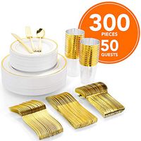 300 Piece Gold Dinnerware Set-100 Gold Plastic Plates-50 Gold Plastic Cups-50 Plastic Spoons-50 Plastic Forks-50 Plastic Knives,Disposable Wedding Plates Ideal for Weddings,Birthday Parties,Picnics