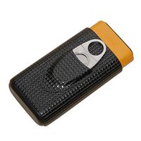 KATZONE® Genuine Leather and Cedar Wood 3 Tube Cigar Case with Cutter