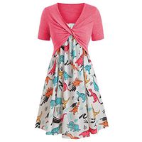 Womens Floral Print Midi Dresses Sleeves Bow Knot Bandage Suit Summer Casual Cover Up Vintage Straps Mini A-Line Tshirt Dress Loose Swing Flowy Pleated Floral Sun Dress