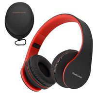 PowerLocus Wireless Bluetooth Over-Ear Stereo Foldable Headphones, Wired Headsets with Built-in Microphone for iPhone, Samsung, LG, iPad (Black/Red)