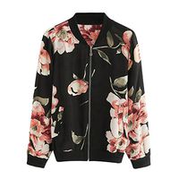 Women Fashion Floral Print Zipper Bomber Jacket Coat (L, Black)