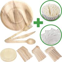 LIQUIDATION disposable wooden cutlery utensil w PAPER STRAWS IN RESEALABLE BAG - 125 pack: 25 Spoons 25 Forks 25 Knives 25 Plates 25 Straws. Perfect for all occasions: wedding, baby shower, st patrick