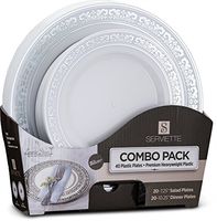 Laura Stein Designer Dinnerware Set of 40 Premium Plastic Wedding/Party Plates: White, Silver Rim. Set Includes 20 10.75" Dinner Plates & 20 7.5” Salad Plates | Servette Series