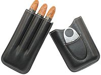 AMANCY® 3 Holders Genuine Leather Cigar Case with Silver Stainless Steel Cutter，Packed with Nice Gift Box