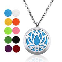 Aromatherapy Essential Oil Diffuser Necklace,GOURAML Pendant Locket Jewelry, Girls Women Gift Set Hypo-allergenic 316L Surgical Grade Stainless Steel 24 Inch Chain and 10pcs Washable pads(Lotus)