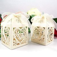 YOZATIA 50PCS Laser Cut Gift Boxes, 2.2 x 2.2 x 2.2 Inches Love Heart Wedding Boxes with 50 Ribbons for Party Favor (Ivory)