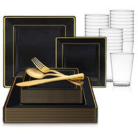 720 Piece Elegant Disposable Plastic Dinnerware Set for 120 Guests - Fancy Square Black with Gold Rim Dinner Plates, Dessert Plates, Silverware Set & Cups For Wedding, Easter, Birthday & All Occasions