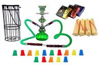 Zebra Smoke Series: 11" 2 Hose Pumpkin Hookah with Cage- Complete Set- Combo KIT SET w/ Instant Charcoal (Like Three Kings Charcoal), Hydro Herbal Molasses(like Blue Mist), and Hookah Mouth Tips (Pick Your Color) (Green)