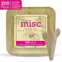 [New, 2020 Product] Palm Leaf Plates 10" Square 200 Pack (50 Plates, 50 Forks, 50 Knives, 50 Spoons),Wooden Cutlery Bundle, Heavy Duty Biodegradable, Disposable, Compostable, FDA Approved