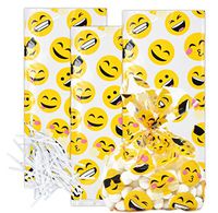 100 Emoji Cellophane Bag Plastic Treat Favor Bags Assorted Emojis Birthday Party Supplies Decorations for Girls & Boys Classroom Treats, Rewards, Carnivals, Games, Candy Goodie Grab Bag -Gift Boutique