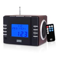 August MB300 Mini Wooden MP3 Stereo System and FM Clock Radio, with Card Reader, USB Port & AUX Jack (3.5mm Audio in), 2 x 3W Powerful Hi-Fi Speakers and Built-in Rechargeable Battery (Black)