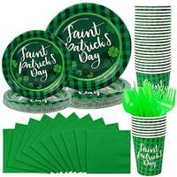 St Patrick’s Day Tableware Paper Plates Napkins Cups for 24 Guests, Green Plaid Shamrocks Dinner Irish Party Decoration Supplies Disposable Dinnerware Set