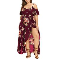 Wrap Maxi Dress Short Sleeve V Neck Floral Flowy Front Slit High Low Women Summer Beach Party Wedding Dress Wine