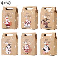 CCINEE 24 PCS Christmas Kraft Paper Bags, Kraft Cookies and Candy Bags Santa Claus Reindeer Xmas Folding Kraft Bags for Kids Party Favor Holiday New Year