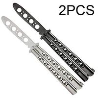 Fecedy 2pcs Silver Black Practice Tool Tactical Combat Trainer Folding Butterfly Stainless Steel Handle Blunt with Round Holes,No Sharp,No Blade