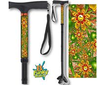 Folding Walking Cane Gel Soft Handle Footed Quad Cane Tip Adjustable Smiley Face Flowers Hippie Pattern BFunkyMobility