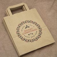 Merry Christmas Party Bags Kraft Brown with Handles x 10 Gift bags