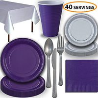 Disposable Party Supplies, Serves 40 - Purple and Silver - Large and Small Paper Plates, 12 oz Plastic Cups, Heavyweight Cutlery, Napkins, and Tablecloths. Full Two-Tone Tableware Set