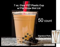 50 count 7 oz. Clear PET Plastic Cup and Flat Straw Slot Lid w/Signature Party Picks