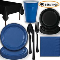 Disposable Party Supplies, Serves 40 - Blue and Black - Large and Small Paper Plates, 12 oz Plastic Cups, Heavyweight Cutlery, Napkins, and Tablecloths. Full Two-Tone Tableware Set
