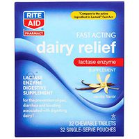 Rite Aid Fast Acting Dairy Relief Chewable Tablets, Vanilla Flavor - 32 Count | Lactase Enzyme | Gas and Bloating Relief