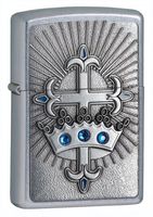 Zippo Street Chrome Crown and Cross Lighter with Blue Crystal, Silver, 5 1/2 x 3 1/2cm