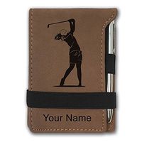 Mini Notepad, Golfer Woman, Personalized Engraving Included (Dark Brown)