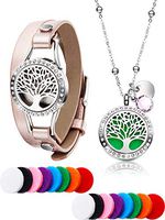 Chuangdi Tree Life Essential Oil Diffuser Diamond Necklace with Stainless Steel Aromatherapy Diamond Locket Leather Bracelets, 16 Pieces Washable Cotton Refill Pad in Different Color, for Girl Women