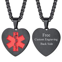 Heart Caduceus Medical Alert Necklace EMC Jewelry Personalized Medic Message Engrave Ion Plating Black Tag for Diabetes/Epilepsy/Allergies/Heart Disease/Pacemaker
