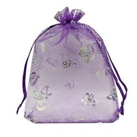 Ankirol 100pcs Sheer Organza Favor Bags Purple Butterfly Print for Wedding Bags Samples Display Drawstring Pouches (5x7)