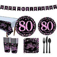 Trgowaul 80th Birthday Party Supplies - Pink and Gold Disposable Paper Plates, Napkins, Cups, Tablecover Forks, Knives and Spoons for 16 Guests and Party Supplies Decorations Banner