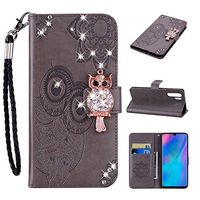 Strap Diamond Wallet Case for Huawei P30 Pro,Aoucase Luxury 3D Owl Bling Gems Magnetic Cute Mandala Print PU Leather Soft TPU Stand Flip Case with Black Dual-use Pen - Gray