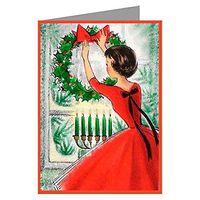 Twelve 3.5x5 Vintage Holiday Note Cards In A Boxed Set Of Woman With Red Dress Hanging A Christmas Wreath And Traditional Six Candelabra