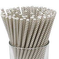 Just Artifacts 100pcs Premium Biodegradable Chevron Striped Paper Straws (Chevron Striped, Gray)
