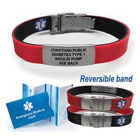 Sport/Slim Reversible Waterproof Medical Alert Bracelet. Incl. 9 Lines Engraving. - Black/RED